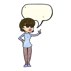 cartoon woman wearing spectacles with speech bubble