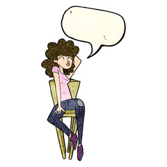 cartoon woman posing on chair with speech bubble