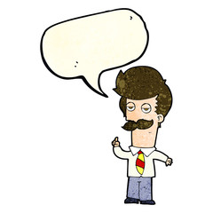 cartoon man with mustache explaining with speech bubble