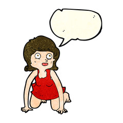 cartoon woman on all fours with speech bubble