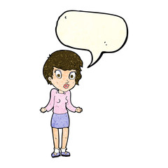 cartoon woman shrugging shoulders with speech bubble