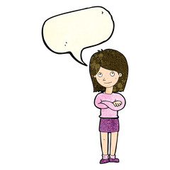 cartoon friendly girl rolling eyes with speech bubble