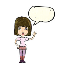 cartoon woman waving with speech bubble