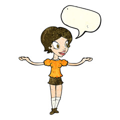 cartoon woman with arms spread wide with speech bubble
