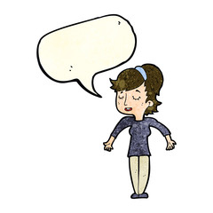 cartoon friendly woman shrugging shoulders with speech bubble