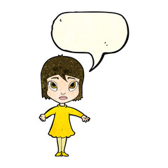 cartoon girl in dress with speech bubble