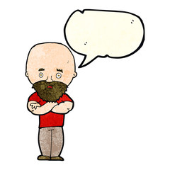 cartoon shocked bald man with beard with speech bubble