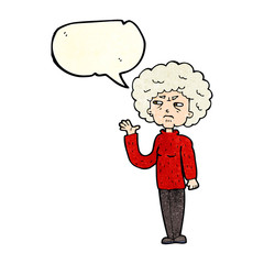 cartoon annoyed old woman waving with speech bubble