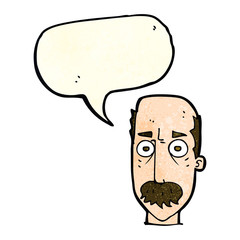 cartoon man with mustache with speech bubble