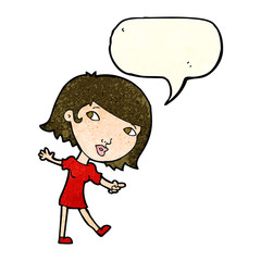 cartoon happy girl gesturing to follow with speech bubble