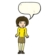 cartoon woman shrugging shoulders with speech bubble