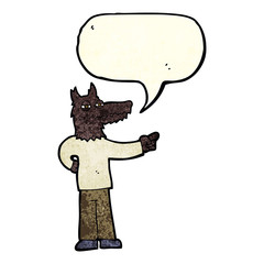 cartoon pointing wolf man with speech bubble