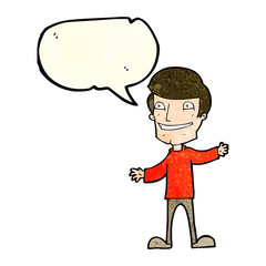 cartoon grinning man with speech bubble