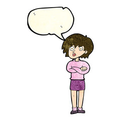 cartoon woman wit crossed arms with speech bubble