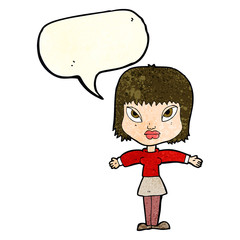 cartoon woman with outstretched arms with speech bubble