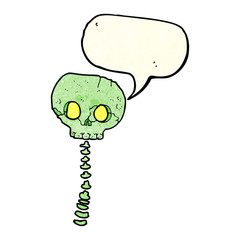 cartoon spooky skull and spine with speech bubble