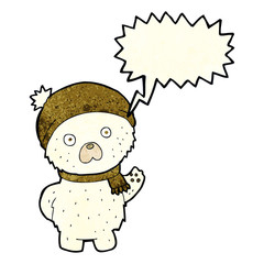 cartoon cute polar bear in winter hat and scarf with speech bubb