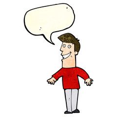 cartoon grinning man with speech bubble