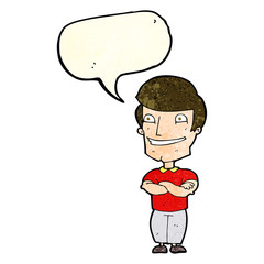 cartoon grinning man with speech bubble