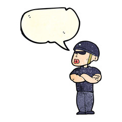 cartoon security guard with speech bubble