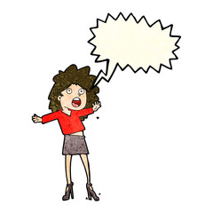 cartoon woman having trouble walking in heels with speech bubble