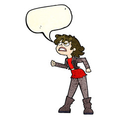 cartoon angry biker girl with speech bubble