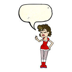 cartoon woman making dismissive gesture with speech bubble