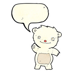 cartoon waving polar bear cub with speech bubble