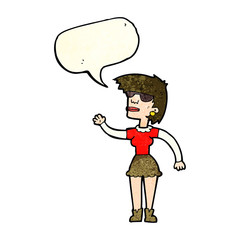 cartoon woman in spectacles waving with speech bubble