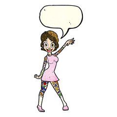 cartoon woman with tattoos with speech bubble