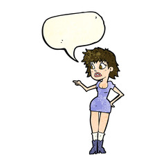 cartoon worried woman in dress pointing with speech bubble
