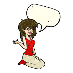 cartoon pretty girl waving with speech bubble