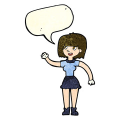 cartoon girl waving with speech bubble