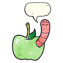 cartoon apple with worm with speech bubble