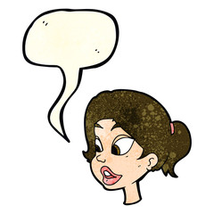 cartoon friendly woman with speech bubble