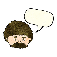 cartoon man with mustache with speech bubble