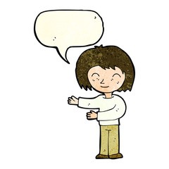 cartoon woman gesturing welcome with speech bubble