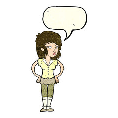 cartoon pretty woman with hands on hips with speech bubble
