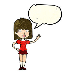 cartoon woman waving with speech bubble