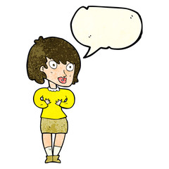cartoon woman making Who Me? gesture with speech bubble