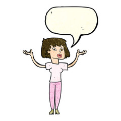 cartoon woman holding up hands with speech bubble