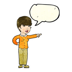 cartoon woman pointing finger of blame with speech bubble