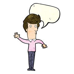 cartoon nervous man waving with speech bubble