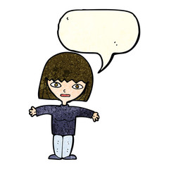 cartoon woman with open arms with speech bubble