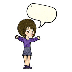cartoon woman with open arms with speech bubble