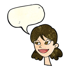 cartoon happy female face with speech bubble