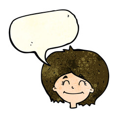 cartoon happy female face with speech bubble