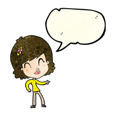 cartoon happy woman pointing with speech bubble