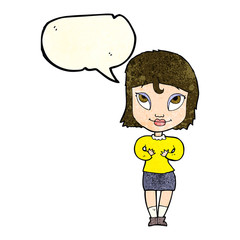 cartoon woman gesturing at self with speech bubble