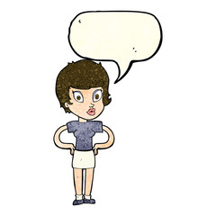 cartoon woman with hands on hips with speech bubble